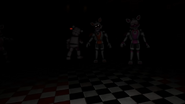 Lolbit in Dark Rooms' Hardmode Level, alongside Funtime Foxy and Funtime Freddy copies.