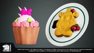 A reference image of a Chica Cupcake and Freddy Pancakes.