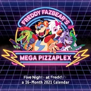 Glamrock Freddy along with others in a cartoon artstyle in the new cover of the 2021 calendar.