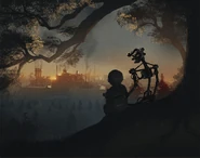 A portrait of M1 and David sitting on a hill looking down at MCM.