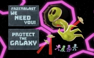 A Fazer Blast banner asking people to protect the galaxy featuring Freddy.