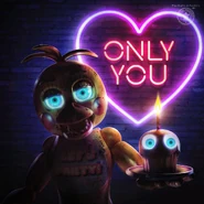 Toy Chica's Valentines Day poster with "Only You" lit up in the background.