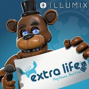 Freddy with the fundraising event card for the Children's Miracle Hospital Network (Extra Life).