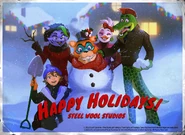 Promotional art of the Gregory and the Glamrocks for the holiday season.