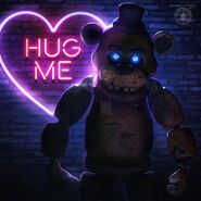 Freddy as seen in the Valentines Day promotional aart with the words "Hug Me" lit up in the background.