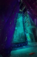 A teaser of an Illuionist's Chinese Water Torture Cell, glowing in a dark room with a Dark Circus poster in the background.