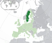 Sweden's location in dark green on a map of Europe