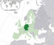 Germany's location in Europe and the world, highlighted in dark green
