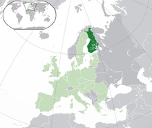 Finland's location highlighted in dark green within Europe and the European Union