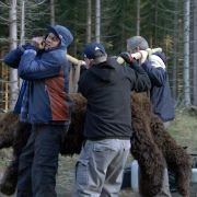 Finn and the Pioter's Polish Paint Service lifting a bear corpse.