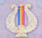 The complete lyre with all 6 strings (left to right: Techno, Funk, Classical, Country, Rock, Pop)