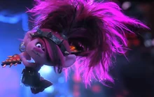 Poppy moments before smashing the Ultimate Power Chord guitar holding the Strings.