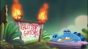 A Glitter Gator alongside a sign saying the species
