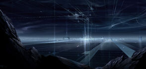 Tron City viewed from the Outlands in concept art by Ryan Church