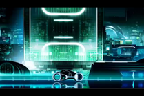 A light cycle speeding past the city in TRON: Uprising