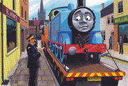 Thomas on a lorry with a damaged buffer beam