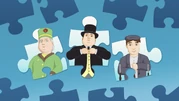 A signalman with Sir Topham Hatt and Dowager Hatt in the Earl's Quiz