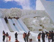 A snow sculpture of Thomas, Henry and Bertie at the 47th Sapporo Snow Festival