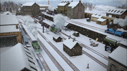 Knapford Yard in the snow in the nineteenth series