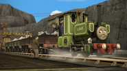 Luke being coupled to a train