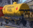 A yellow fuel tanker