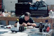 A white tanker's model in 1999 being refurbished for Thomas and the Magic Railroad
