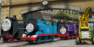 Hiro, Thomas, Charlie and Kevin at the Sodor Steamworks promo