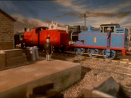 Thomas, James and Sir Topham Hatt in the goods station