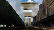 A plum brake van on the Sodor Suspension Bridge