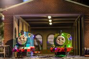 Thomas and Percy with Christmas lights