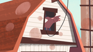A cow at the top of the barn