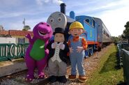 Barney and Bob the Builder with Thomas and Sir Topham Hatt at the 2007 Edaville Fun Festival