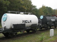 Two tankers at a Days Out with Thomas event in the Netherlands (Note: They both have Thomas's faces, with The milk tanker's face having a crying expression)