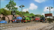 Gordon, Percy, James and Thomas at the Knapford Station Yard's washdown