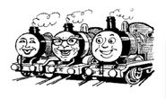 Awdry depicted as a steam engine with Gordon and Thomas