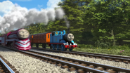 Caitlin with Thomas, Annie and Clarabel in The Great Race