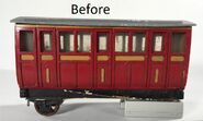 A red coach (prior to restoration) owned by ThomasTankMerch