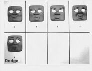 Dodge's faces (Note: Dodge's face masks are actually Splatter's)[37] (Note: Dodge's unused chuckling/happy face next to his cross face on the top right)