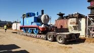 A Strasburg Thomas Dummy Replica on a flatbed platform at the Southern California Railway Museum on November 2019