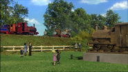 Skarloey, Peter Sam, Rusty, Duncan, Freddie and Mighty Mac with the statue