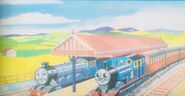 An illustration of Thomas and blue Henry at Knapford Junction