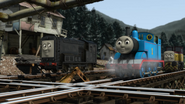 Thomas, Diesel and Dart next to the sawmill