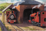 Peter Sam is greeted by Skarloey as illustrated by John T. Kenney