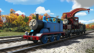 Harvey being carried on a flatbed by Thomas