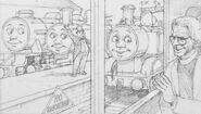 Sketch of the Thin Clergyman waving hello to Thomas, Henry, James, and the Fat Controller