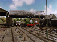 Daisy, Percy and Toby in the engine shed