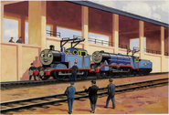 Thomas and Gordon next to the coaling stage by Tidmouth Sheds