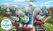 Rosie in her red livery with the Steam Team (sans Edward and Toby) and Harold