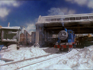 Thomas leaving with Annie and Clarabel at the carriage shed