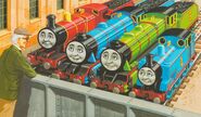 Awdry with Thomas, Henry, Gordon and James drawn by Clive Spong